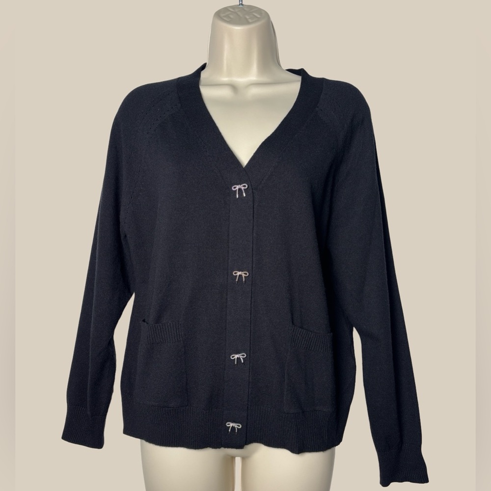 Vila Milano Black Cardigan Sweater V Neck Silver Bow Buttons Pocket Knit SZ S